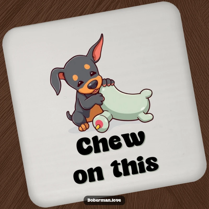 Funny Doberman drink coaster with a tiny dog playfully wrestling with an oversized toy chew, protecting tables with canine tenacity.