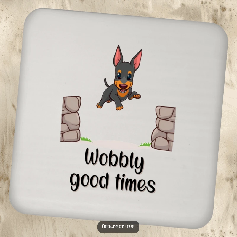 Funny coaster print of a small Doberman puppy attempting a wobbly jump over a small gap, providing surface protection with a dose of cuteness.