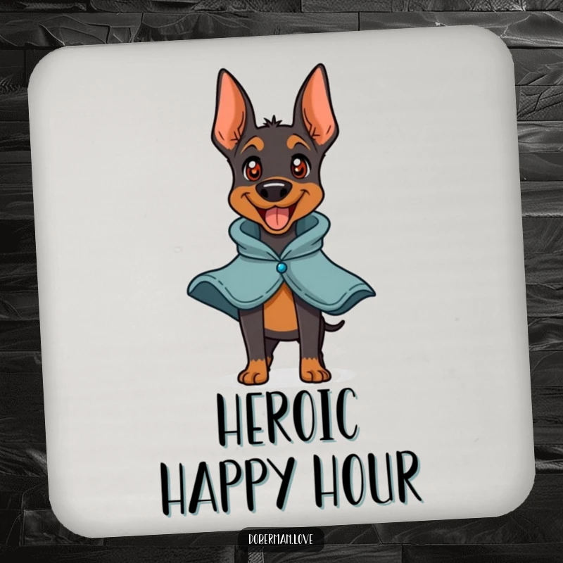 Funny Doberman Hero Drink Coaster showcasing a playful doberman barking happily with a small cape. Protects surfaces with humorous dog-themed charm, a fun addition to any home.