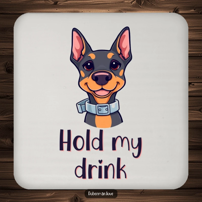 Funny Kawaii Doberman Drink Coaster showcasing a cute doberman balancing a shiny collar. Protects surfaces with elegant dog-themed charm, a fun addition to any home.