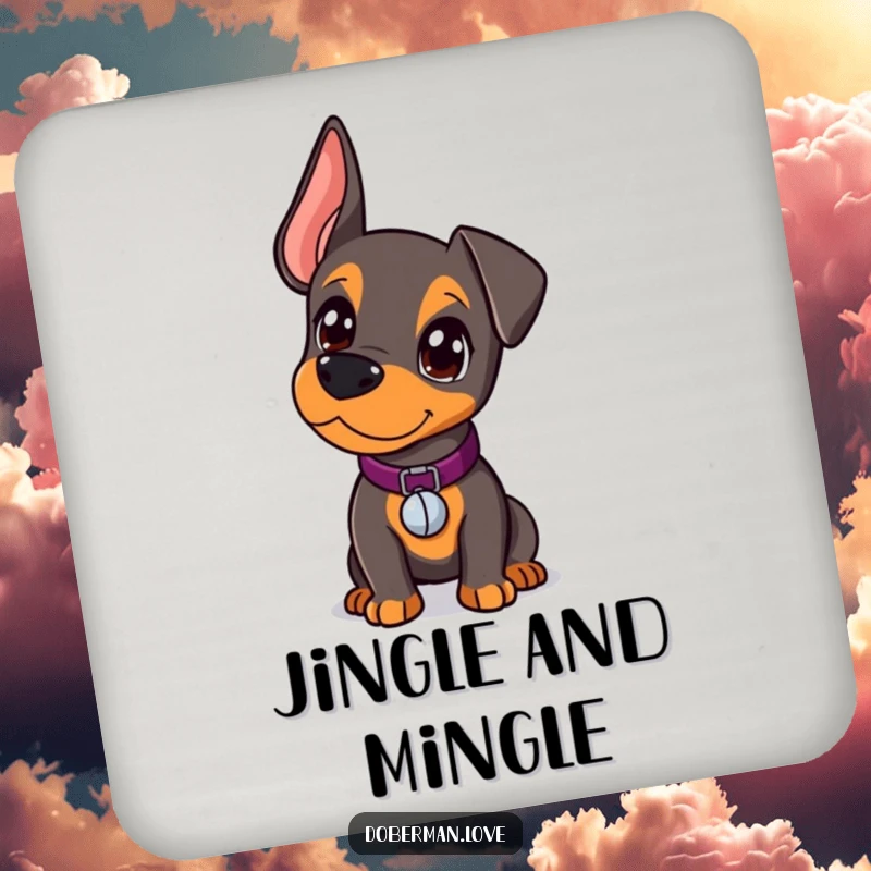 Funny Doberman Coaster with a curious kawaii doberman puppy wearing a tiny bell collar, perfect for protecting surfaces humorously.