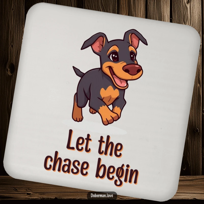 Funny Doberman Coasters: Determined and friendly Doberman giving chase, protective and humorous coasters for tables.