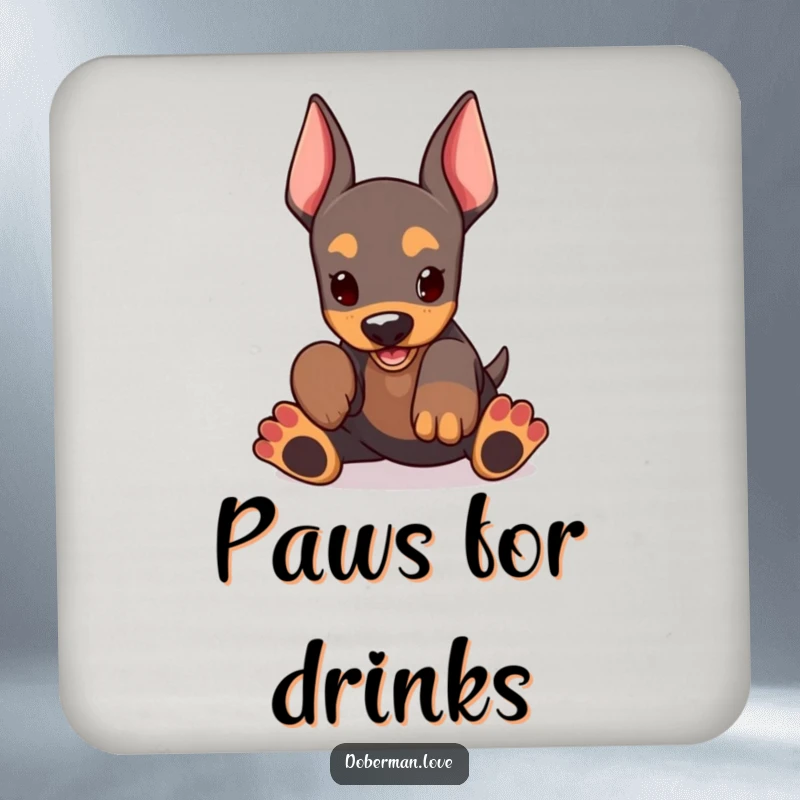Funny Doberman Coaster with a kawaii doberman puppy, oversized paws in playful action, adding a humorous touch during drinks.