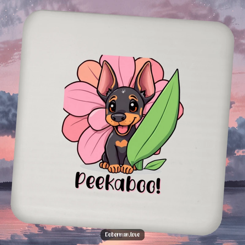 Funny Doberman cub peeking from behind a large flower, adorning this protective drink coaster.