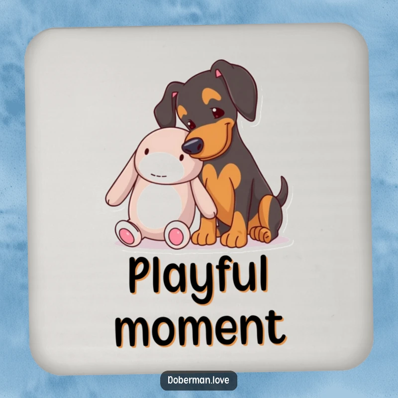 Funny Doberman nudging a plush toy on a drink coaster, a humorous and protective addition to any table.