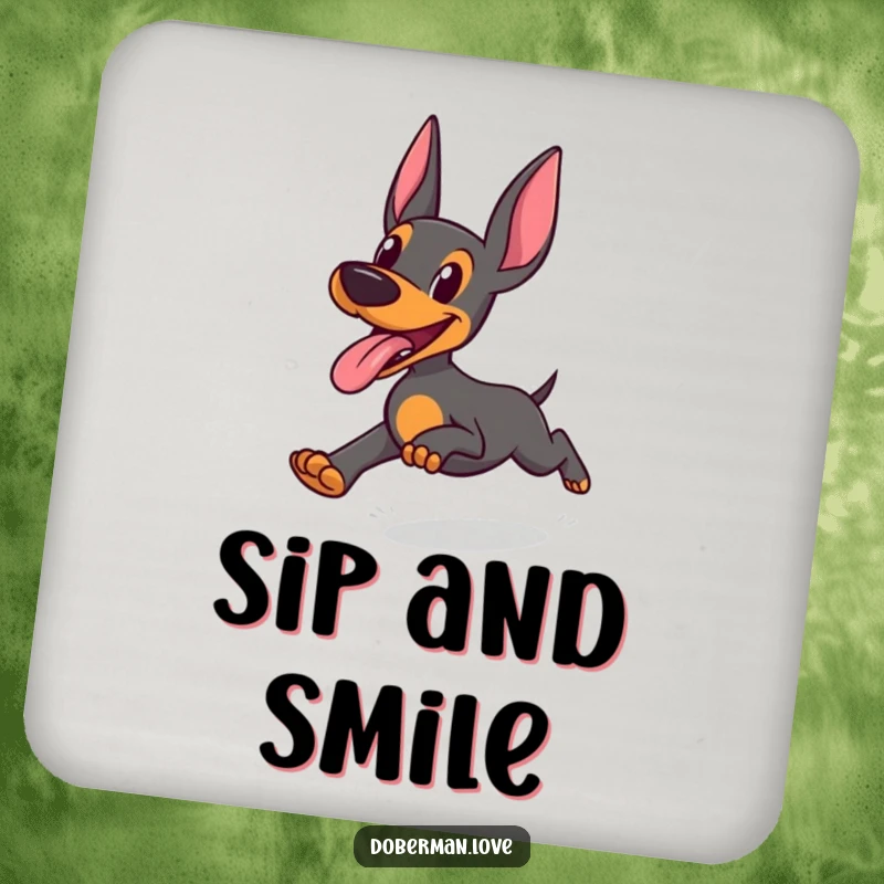 Funny Doberman Coasters: Doberman running with tongue out in joyful abandon, protective and humorous coasters for tables.
