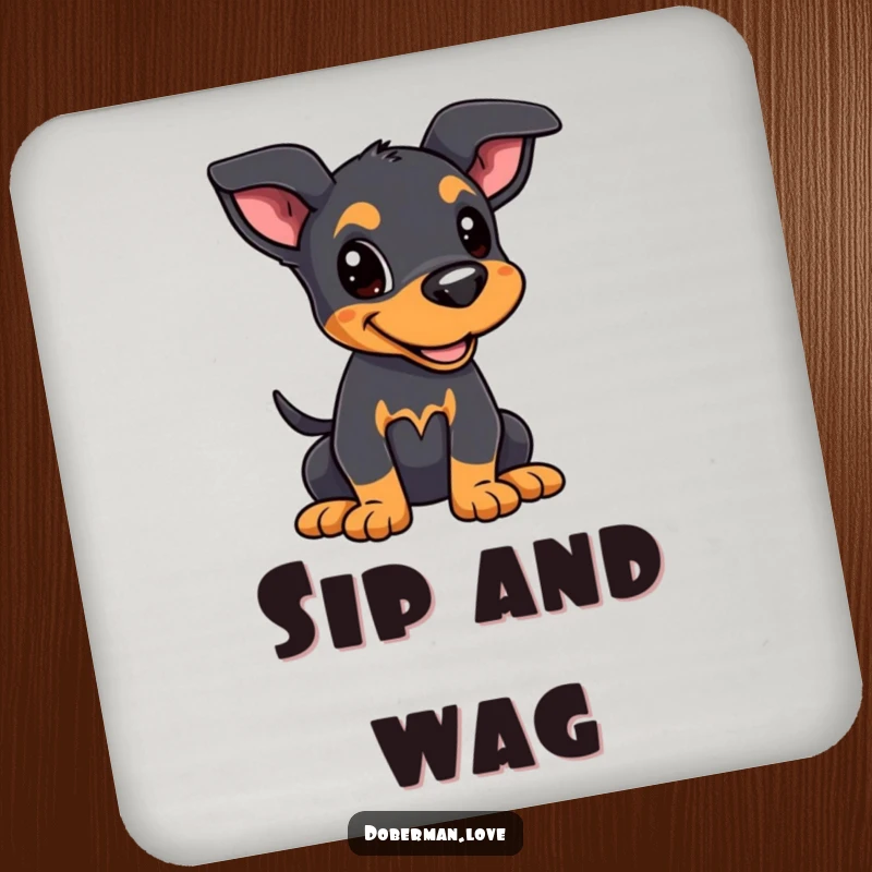 Funny Kawaii Doberman Puppy Coaster: A Doberman puppy with alert ears and wagging tail, protecting surfaces humorously.