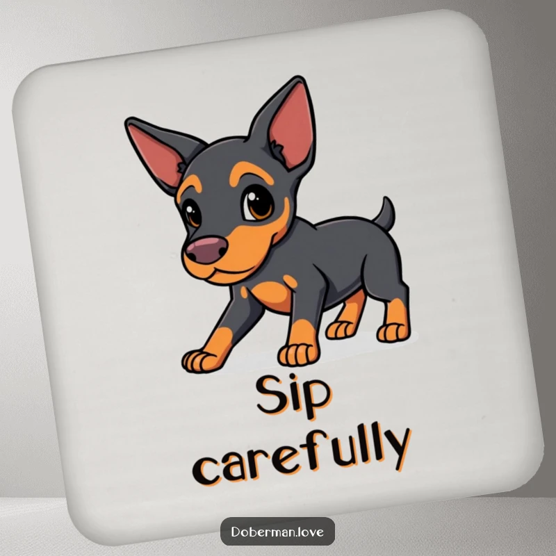 Funny Protective Doberman Coaster: a sleek-eared kawaii dog in a watchful stance, protecting surfaces with charming loyalty.