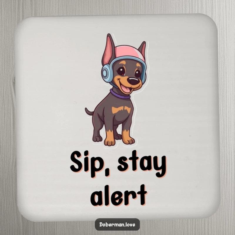 Funny Doberman puppy coaster showcasing a smiling puppy in a helmet, standing alert, ready to protect surfaces with canine charm.