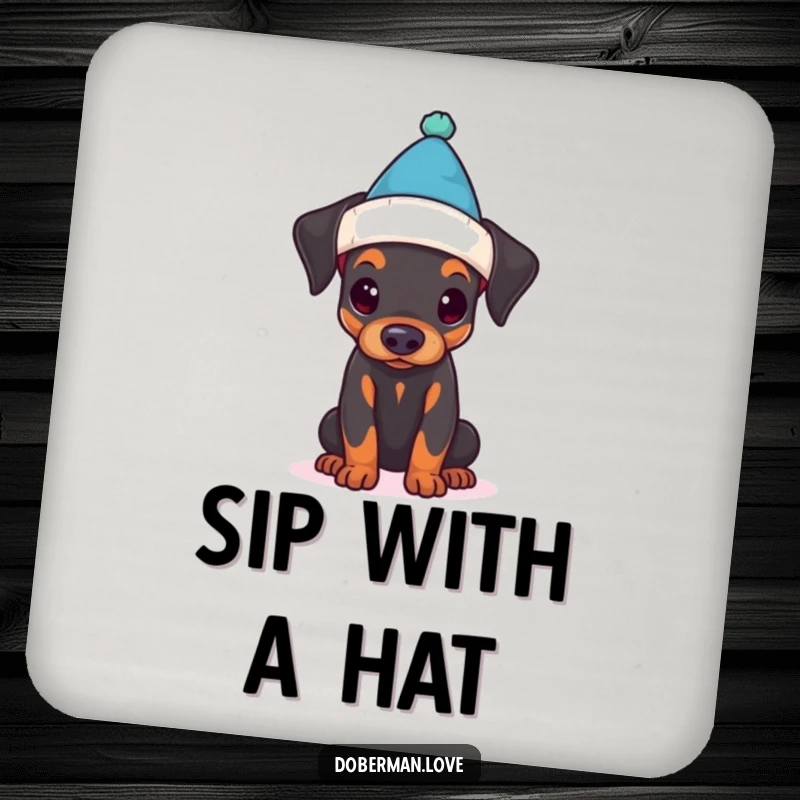 Funny coaster depicting a Doberman puppy adorably struggling to wear a tiny hat, adding humor to drink protection.