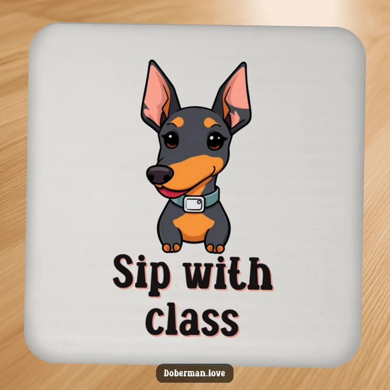 Funny Kawaii Doberman coaster; a proud pup sporting a stylish collar, adding a touch of whimsy and protection.