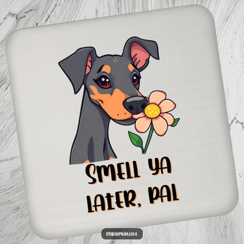 Funny doberman drink coaster featuring a curious dog sniffing a vibrant flower, a humorous addition to any table.