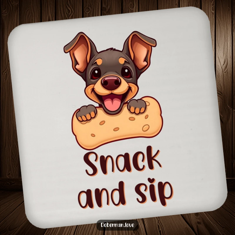 Funny Doberman Puppy Drink Coaster showcasing a cute puppy peeking from a giant dog biscuit. Protects surfaces with humorous dog-themed charm, a fun addition to any home.