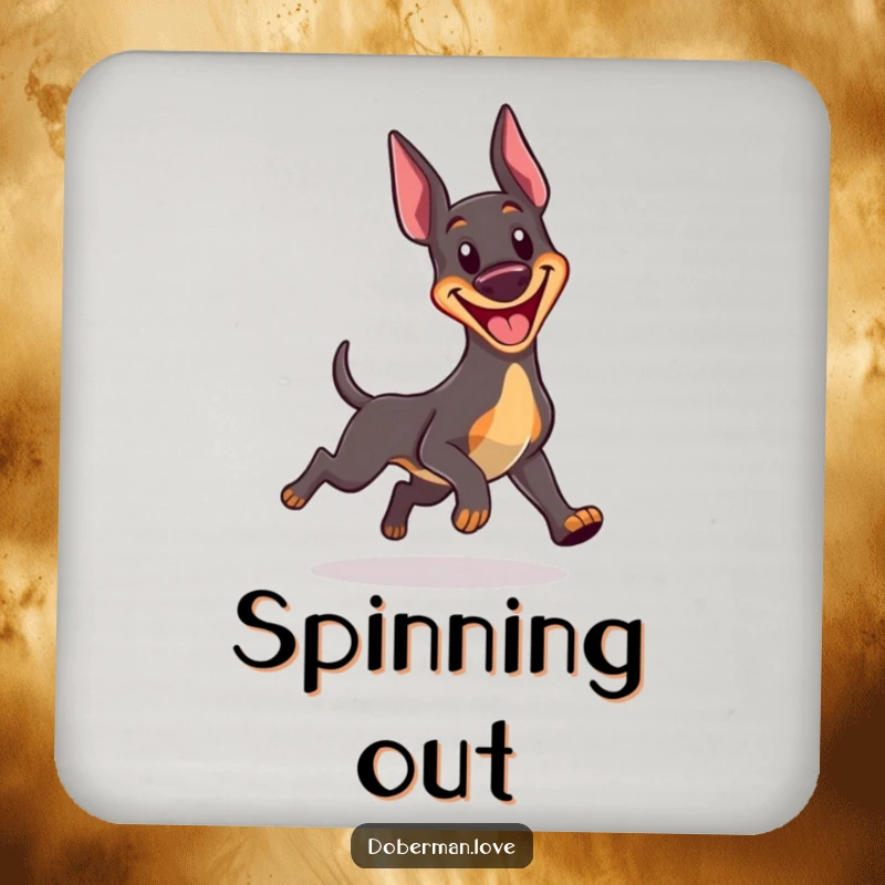 Funny Kawaii Doberman drink coasters showcasing a happy dog with a big grin, hilariously chasing its tail, protecting surfaces with style.