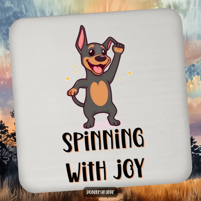 Funny coaster print of a happy Doberman dog energetically wagging its tail, providing surface protection with a dose of doggy joy.