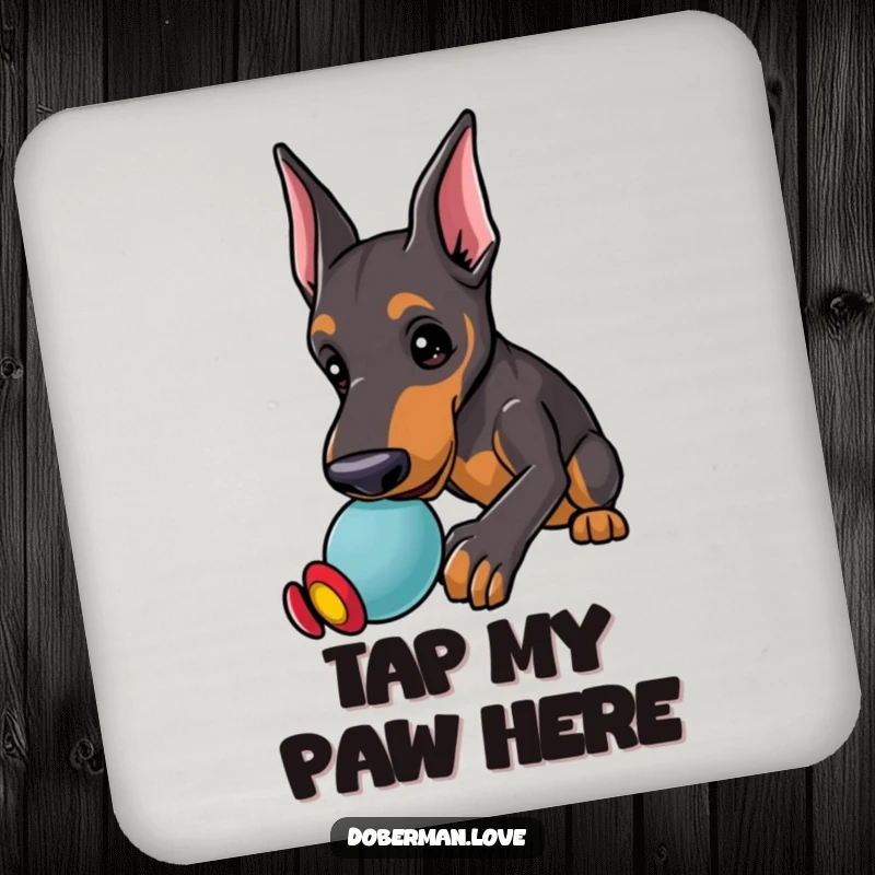 Funny Doberman Coaster with a kawaii doberman puppy with alert ears, playfully nudging a toy, protecting surfaces humorously.