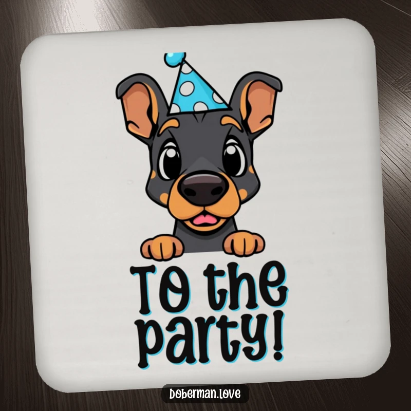 Funny Doberman Coaster: Cute kawaii dog in a party hat, looking surprised, a humorous and protective addition.