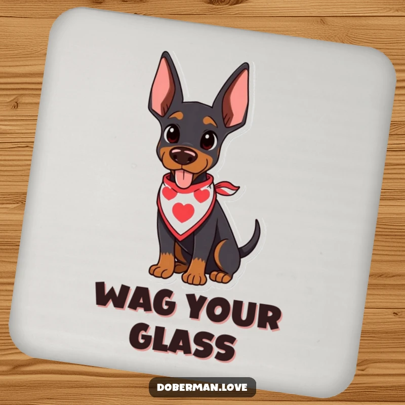 Funny Doberman Coaster with a kawaii doberman puppy in a bandana, its tail wagging happily, protecting surfaces humorously.