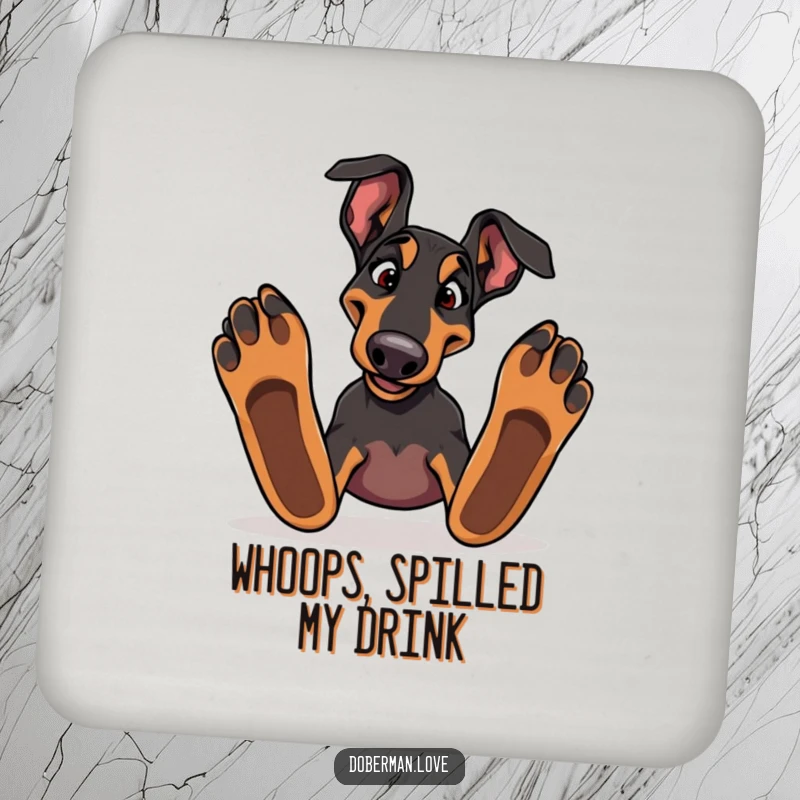 Funny Doberman dog tripping over large paws on a durable drink coaster, bringing comedic canine charm.