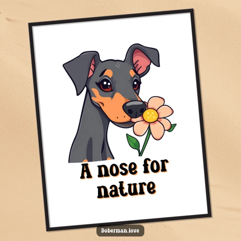 Funny doberman poster depicting a curious dog engrossed in sniffing a colorful flower, a humorous piece of wall art.