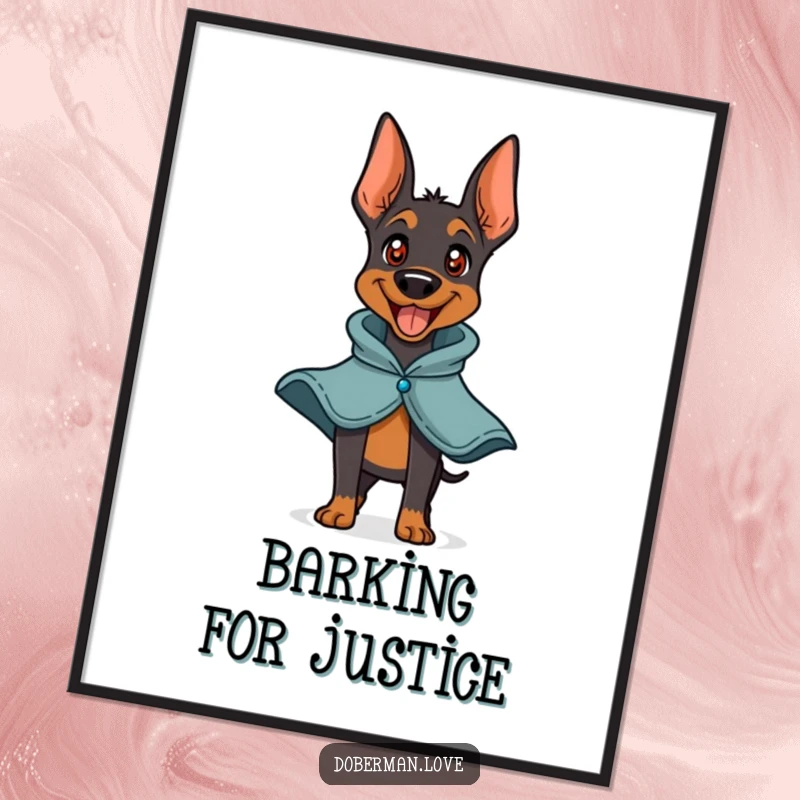 Funny Doberman Hero Poster showcasing a playful doberman barking happily with a small cape. Humorous dog art, perfect for home decor and adding smiles.