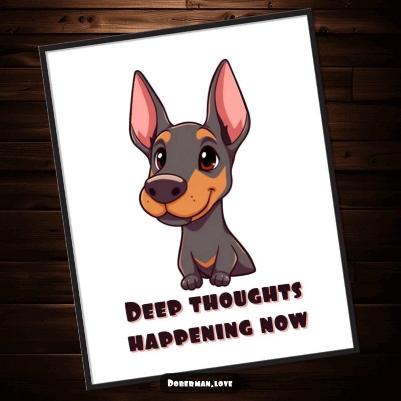 Funny Doberman poster showcasing a proud dog with an attentive head tilt, adding elegance and humor to wall decor.