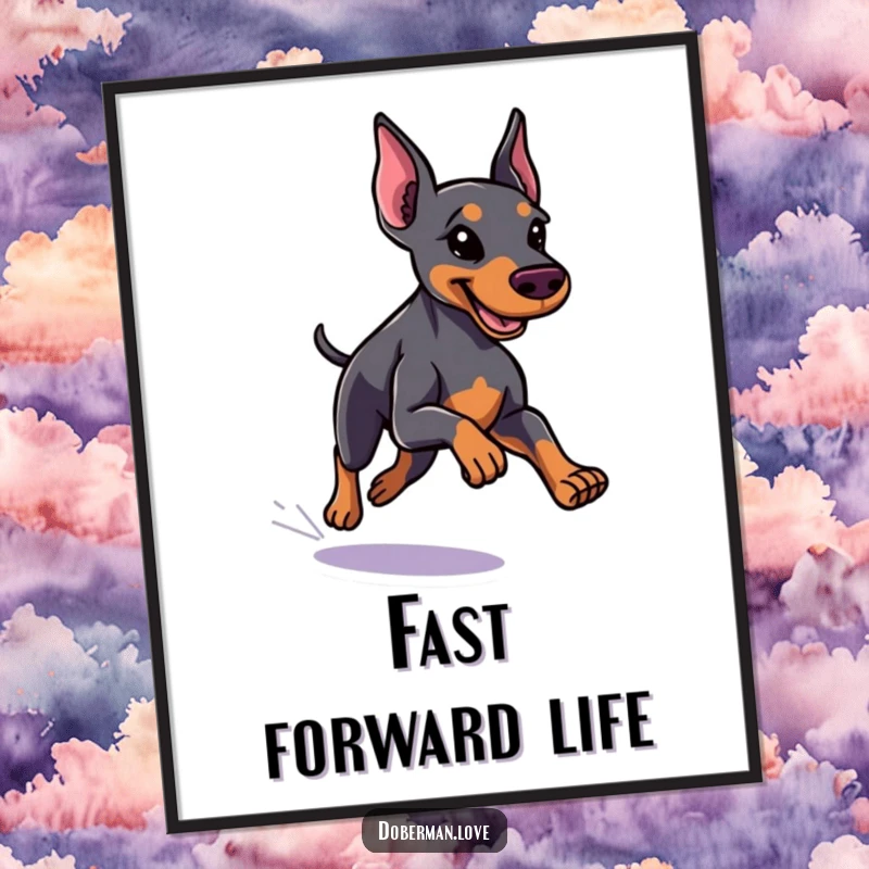 Funny little Doberman poster of a dog with a sleek coat running with impressive speed, conveying energy and humor.