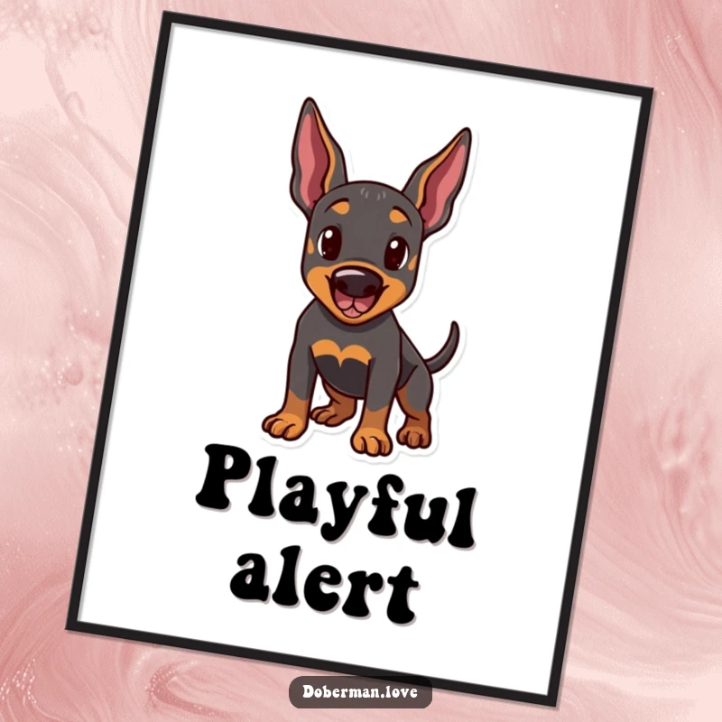 Funny poster print of a Doberman dog in a playful stance, ears perked and tail wagging. Whimsical wall decor and humorous dog art.