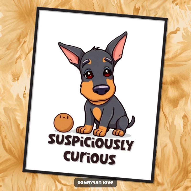 Funny Doberman poster showing a dog's head tilted, intensely sniffing a strange object, conveying humorous curiosity and intrigue.