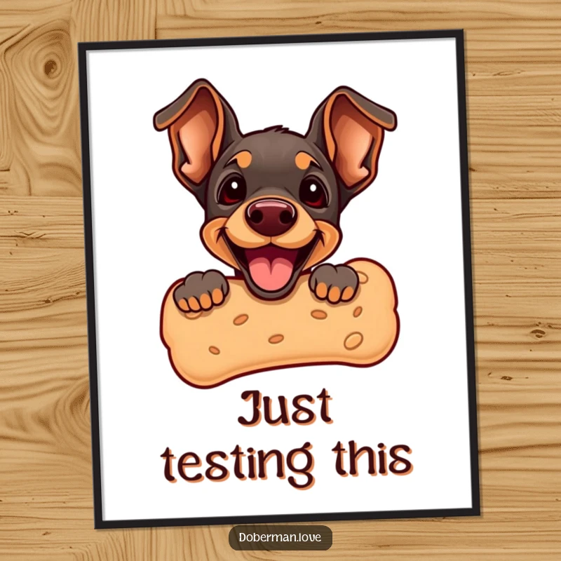 Funny Doberman Puppy Poster showcasing a cute puppy peeking from a giant dog biscuit. Adorable dog art, perfect for home decor and adding smiles.