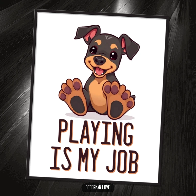 Funny kawaii doberman puppy with oversized paws, enthusiastically playing, presented as a vibrant wall art poster.
