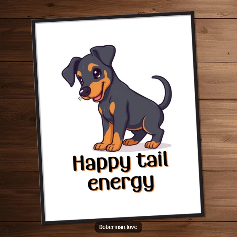 Funny Doberman puppy poster capturing a cute puppy with floppy ears and an excited tail wag, full of personality.