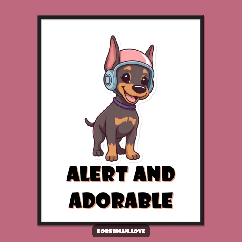 Funny Doberman Puppy Poster: Helmeted Alertness Art, Unique Funny Gift