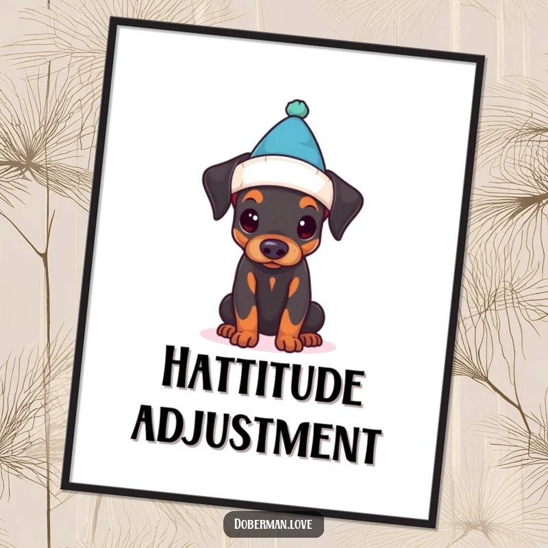 Funny Doberman puppy poster depicting a bewildered puppy hilariously trying to wear a hat that is far too small.