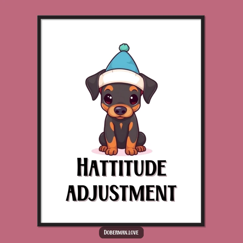 Funny Doberman Puppy Poster: Tiny Hat Hijinks for a Whimsical Space!