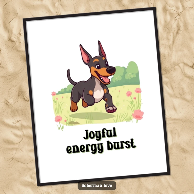 Funny poster featuring a giggling Doberman with a furiously wagging tail, running freely through a sunny field, perfect for pet lovers.