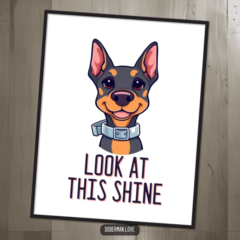Funny Kawaii Doberman Poster showcasing a cute doberman balancing a shiny collar. Artistic dog print, perfect for home decor and showcasing breed pride.
