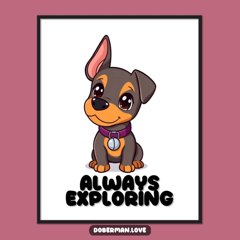 Funny Kawaii Doberman Poster: Curious Pup, Bell Collar, Wall Art Gift