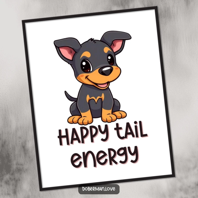Funny Kawaii Doberman Puppy Poster: A Doberman puppy with alert ears and a wagging tail, joyful funny wall art.