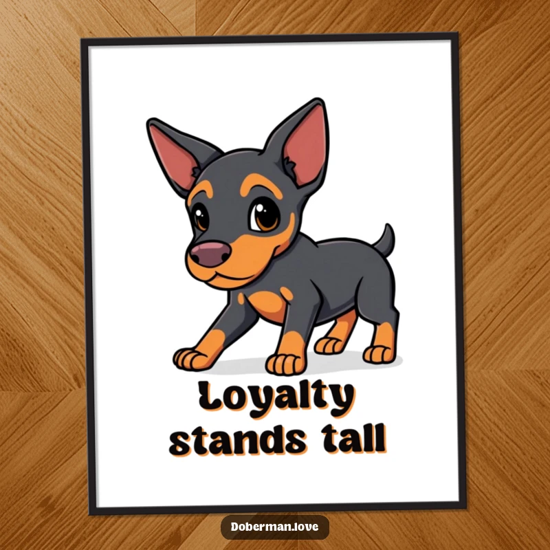 Funny Protective Doberman Poster: a sleek-eared kawaii dog in a strong, protective pose, exuding loyalty and visual appeal.