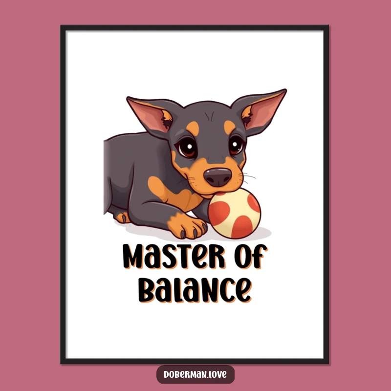 Funny Kawaii Doberman Poster: Ball Balancing Act, Wall Art Gift