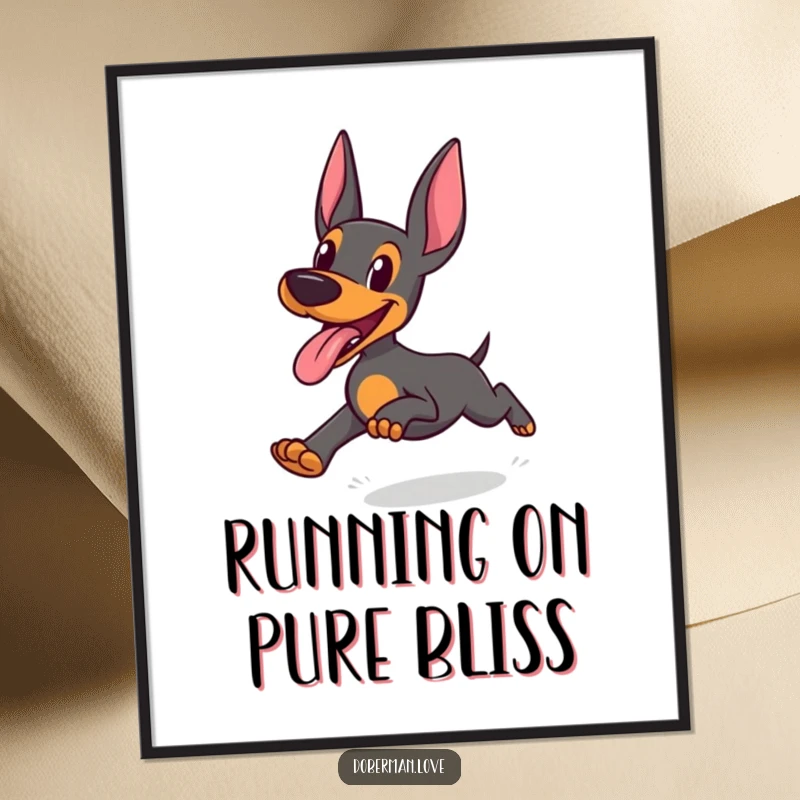 Funny Doberman Poster: Doberman running with tongue out in joyful abandon, energetic and humorous canine art.