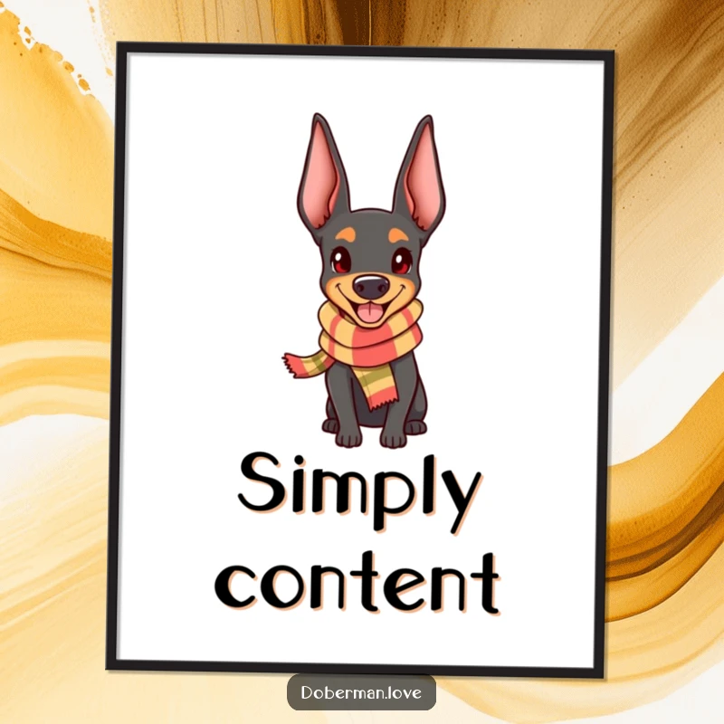 Funny Doberman Poster: Cute kawaii dog wearing a tiny scarf, looking genuinely happy and content.