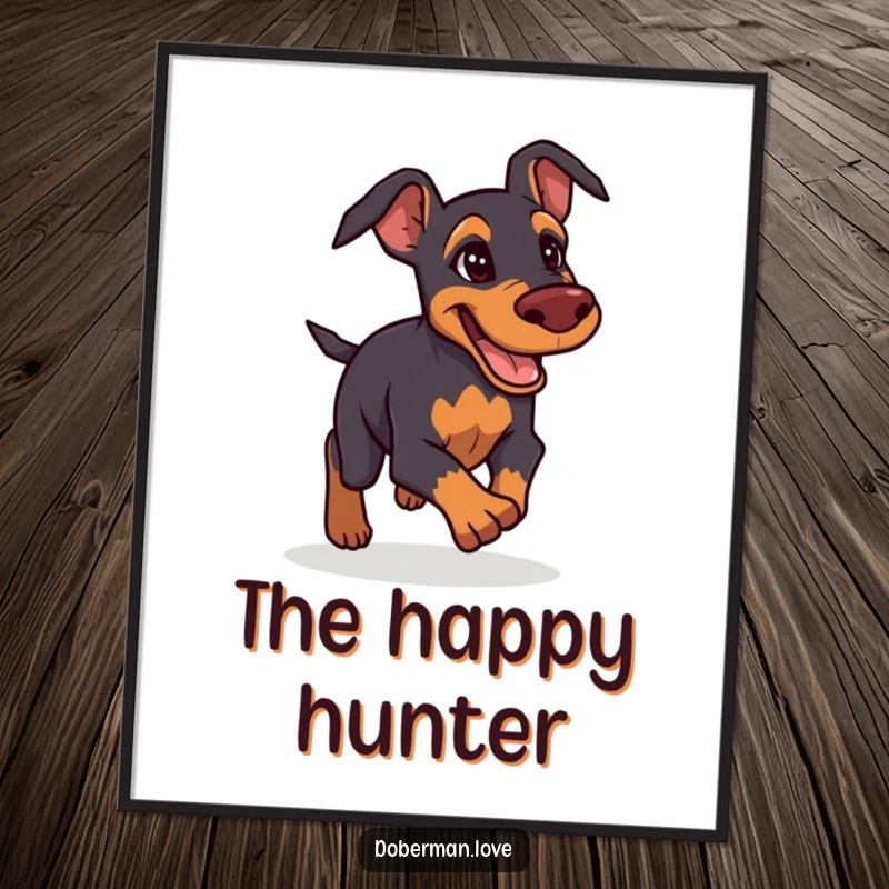Funny Doberman Poster: Determined and friendly Doberman giving chase, energetic and humorous canine art.
