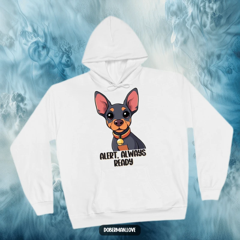Funny Kawaii Doberman Hoodie showcasing a curious dog wearing a tiny bell collar, perfect for cozy humor.