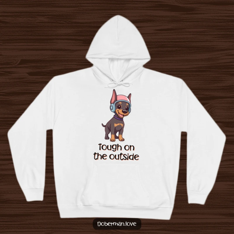 Funny Doberman puppy hoodie featuring a smiling, alert puppy wearing a small helmet, embodying cute bravery and readiness for fun.