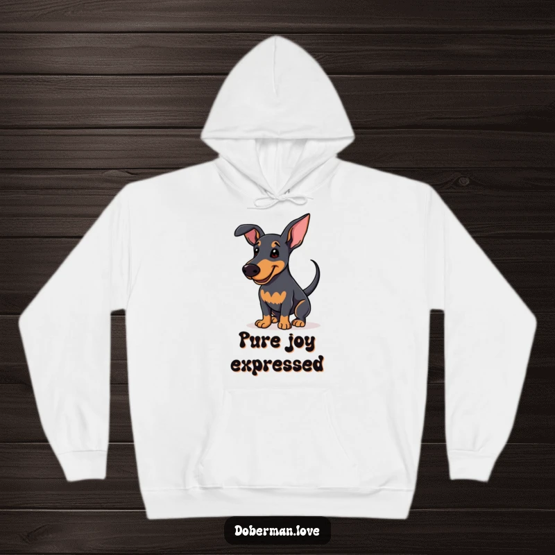 Funny Hoodie depicting an enthusiastic Doberman wagging its tail with a soft smile, offering warm comfort and happy dog vibes.