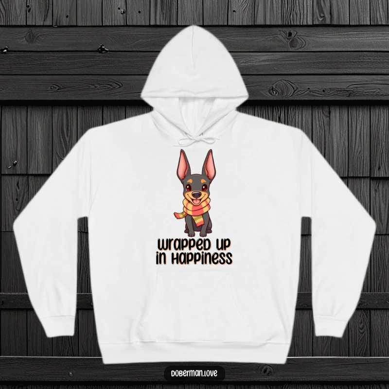 Funny Doberman Hoodie: Cute kawaii dog wearing a tiny scarf, looking genuinely happy and cozy.
