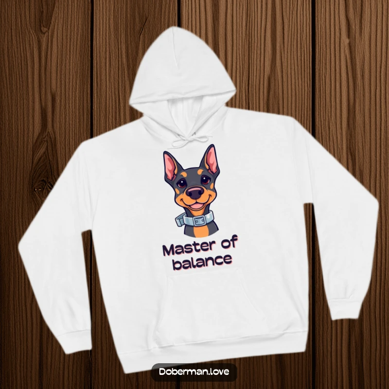 Funny Kawaii Doberman Hoodie showcasing a cute doberman balancing a shiny collar. Comfortable and stylish, great for dog lovers and chilly weather.