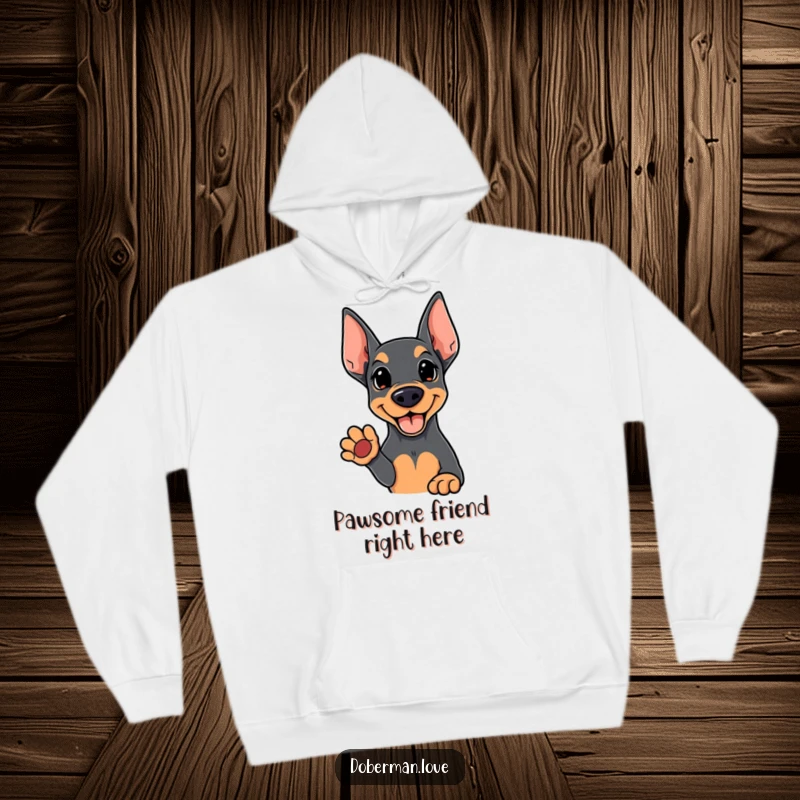 Funny Kawaii Doberman hoodie depicting a cute dog offering a friendly paw, providing warmth and a dose of adorable humor.